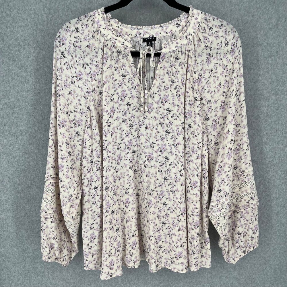 Torrid Crinkle Gauze Tie Front Long Sleeve Top Size 3X Ave Ditsy Floral Cottage